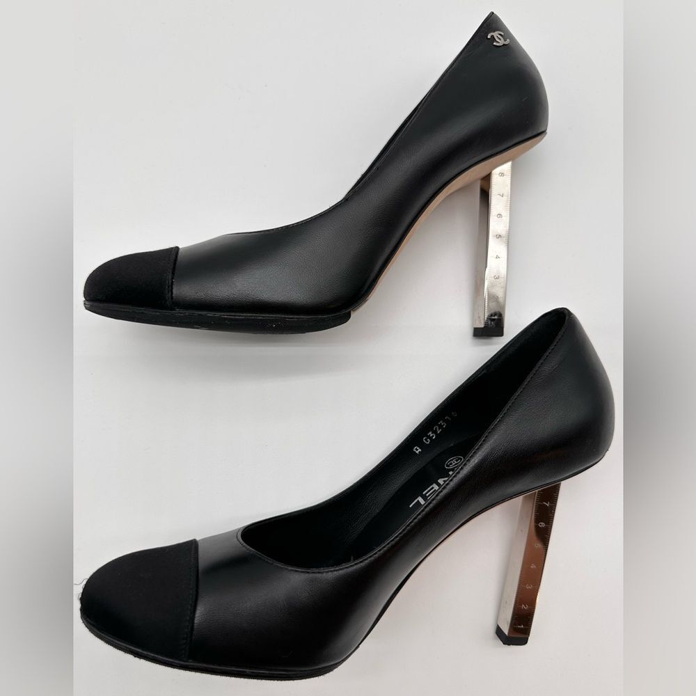 Chanel Collection Black Leather Satin Cap Toe Metal Ruler Heels Pumps EU37.5 US7 - Picture 5 of 12